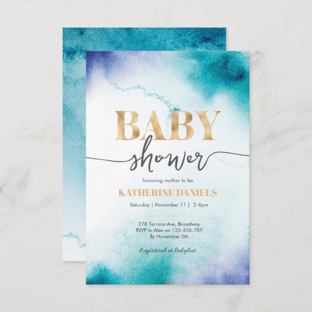 Turquoise Watercolor Baby Shower Invitation (Front/Back)