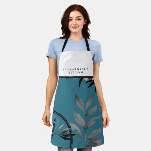 Turquoise Watercolor Black & White Bib Custom Name Apron