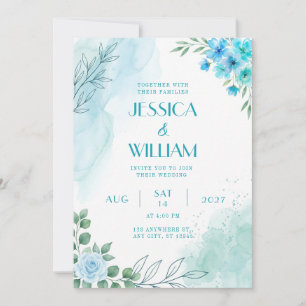 Turquoise Watercolor Blue Rose Wedding Invitation