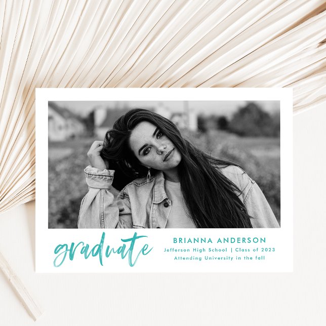 Turquoise Watercolor Brush Script Photo Graduation Announcement (Creator Uploaded)