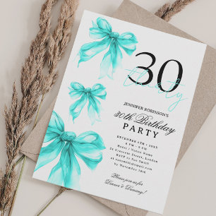 Turquoise Watercolor Coquette Bow 30th Birthday Invitation