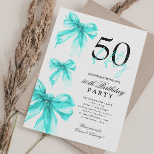 Turquoise Watercolor Coquette Bow 50th Birthday Invitation