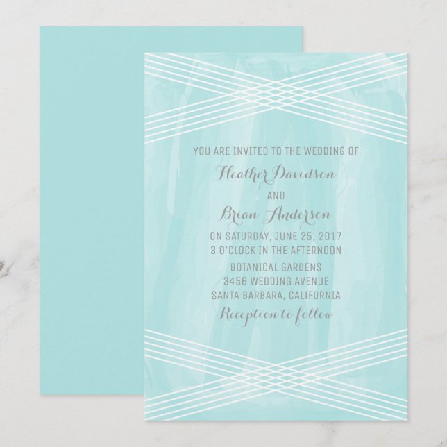 Turquoise Watercolor Deco Wedding Invite (Front/Back)