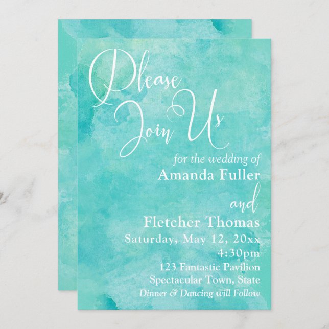 Turquoise Watercolor Elegant Typography Wedding 2 Invitation (Front/Back)