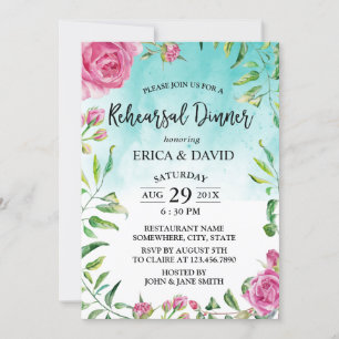 Turquoise Watercolor Floral Rehearsal Dinner Invitation