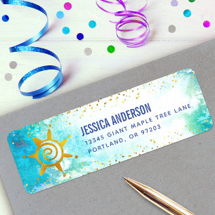 Turquoise Watercolor Gold Girly Birthday Address Return Address Label