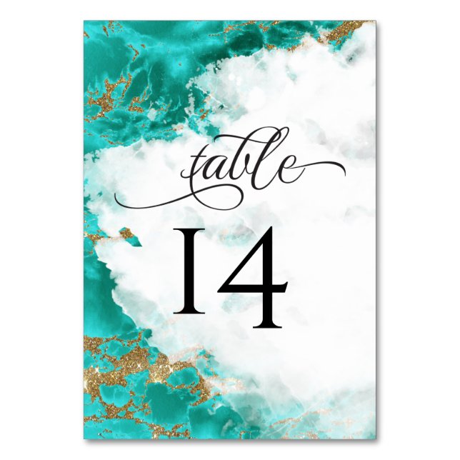 Turquoise Watercolor Marbled Geode BarefootBride™ Table Number (Front)