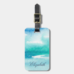 Turquoise Watercolor Ocean Personalised Name   Luggage Tag