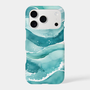Turquoise Watercolor Ocean Waves Abstract