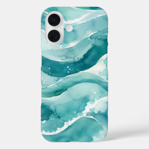 Turquoise Watercolor Ocean Waves Abstract iPhone 16 Case