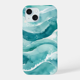 Turquoise Watercolor Ocean Waves Abstract iPhone 15 Case