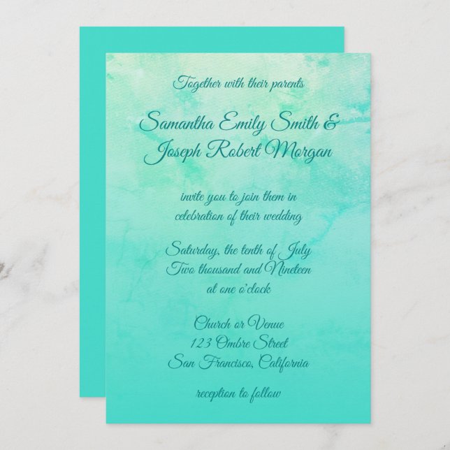 Turquoise Watercolor Ombre Calligraphy Wedding Invitation (Front/Back)