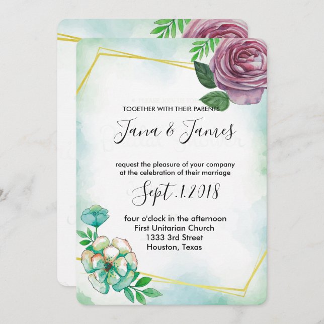 Turquoise  Watercolor& Purple floral wedding Invitation (Front/Back)