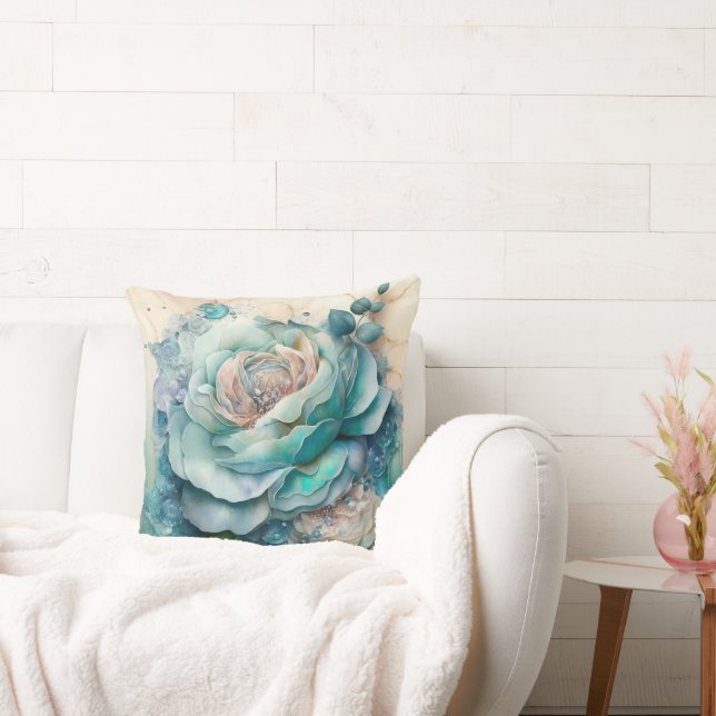 Turquoise Watercolor Rose Enlarged Cushion (Couch)