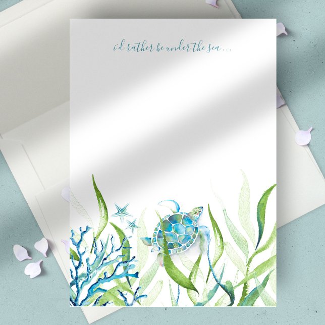 Turquoise Watercolor Sea Turtle Card (Sea turtle notecard watercolor art by Victoria Grigaliunas of Do Tell A Belle Kids stationery)