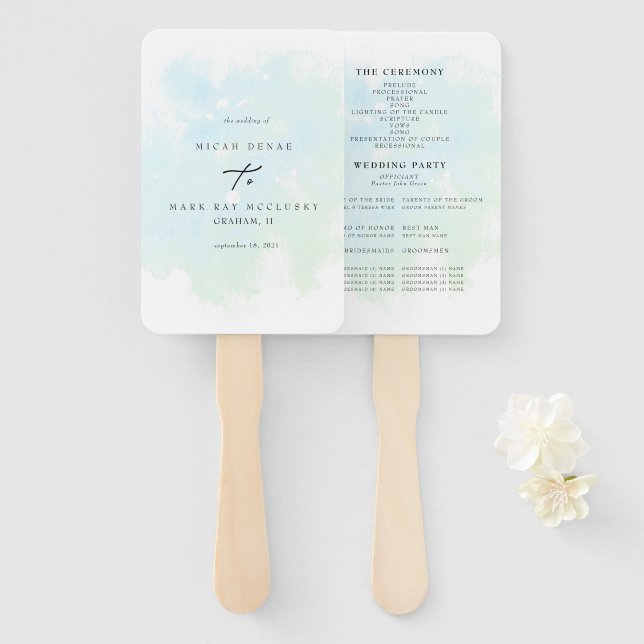 Turquoise Watercolor Splash Wedding Program Hand F Hand Fan (Front and Back)