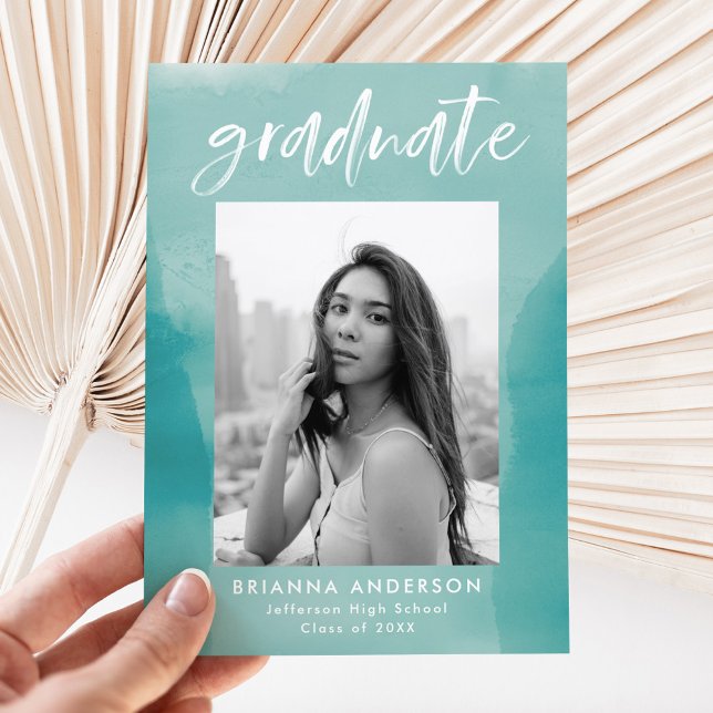 Turquoise Watercolor Wash Photo Graduation Announcement (Creator Uploaded)