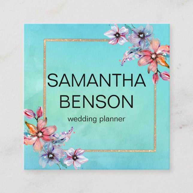 Turquoise Watercolor Wedding Planner Square Busine Square Business Card (Front)