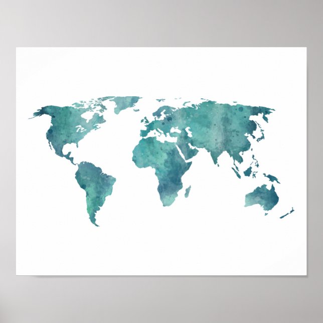 Turquoise Watercolor World Map Poster (Front)