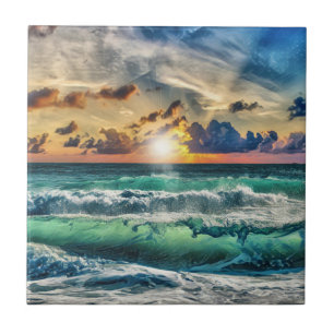 Turquoise Waves At Sunset Ceramic Tile