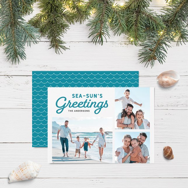Turquoise Waves Sea-Sun's Greetings Photo Holiday Card (Creator Uploaded)