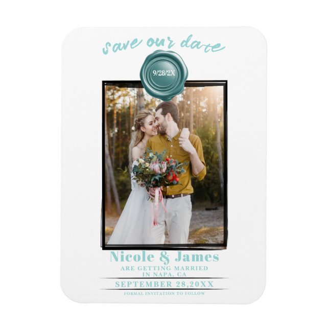 Turquoise Wax Seal Photo Wedding Save the Date Magnet (Vertical)