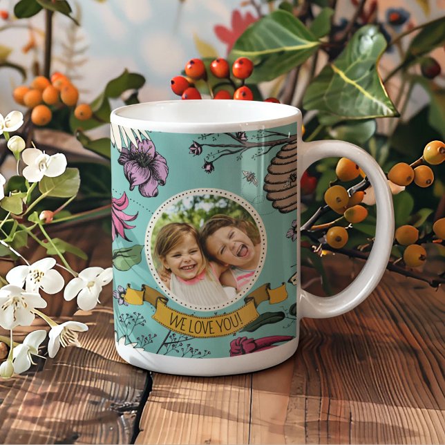 Turquoise We Love You Kids Photo & Name Queen Bee Coffee Mug (Create Your Own Mother's Day Keepsake Mug by Uploading a Photo & with Mom's Name & Custom Message)