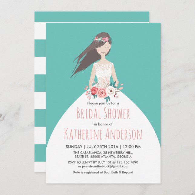 Turquoise Wedding Dress Bridal Shower Invitation (Front/Back)
