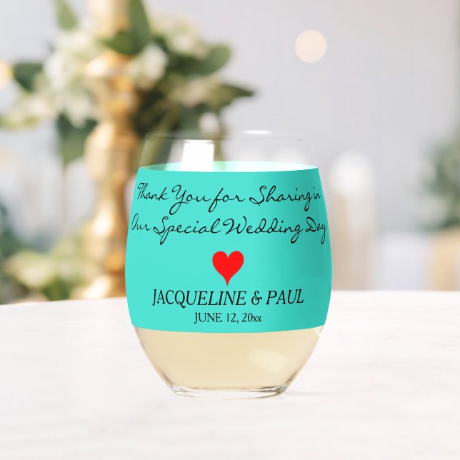 Turquoise Wedding Favours Monogram Red Heart Stemless Wine Glass (Insitu (Wedding))
