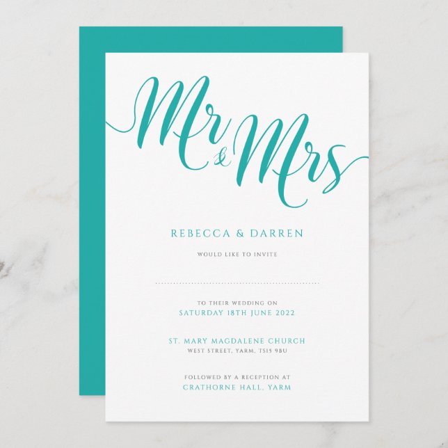Turquoise Wedding Invitation Mr & Mrs (Front/Back)