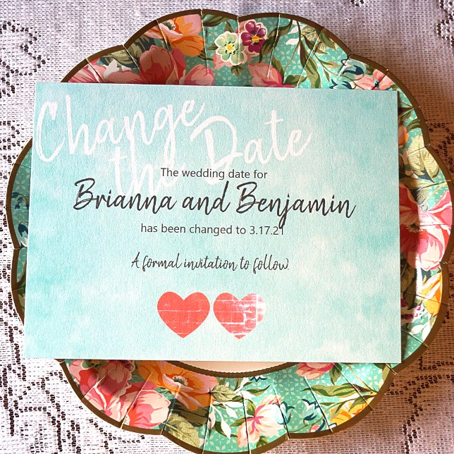 Turquoise Wedding Postponement Card (Turquoise and mauve pink stationary, cute heart themed wedding information card)