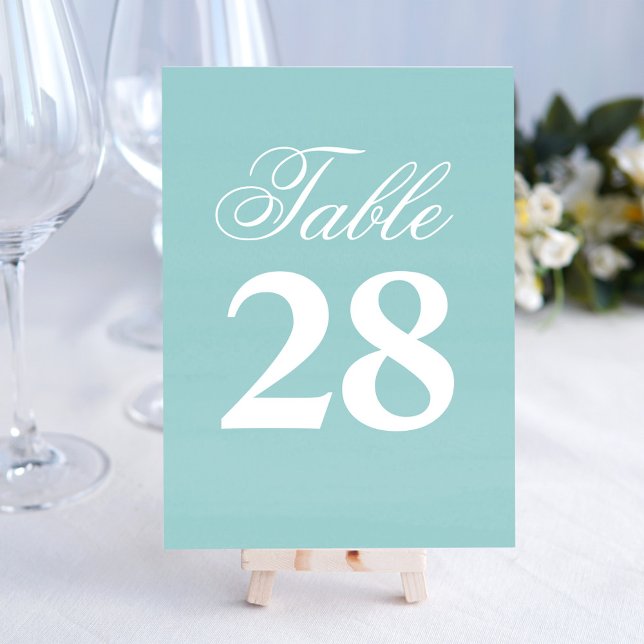 Turquoise Wedding Script Table Number Sign  (Wedding table number with light watercolor background and turquoise blue.)