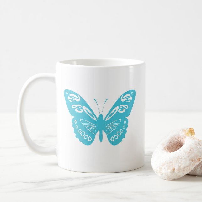 Turquoise Whimsical Butterfly Personalised Mug (With Donut)