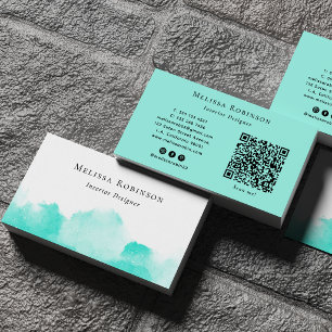 Turquoise & White Abstract Chic Watercolor QR Code Business Card