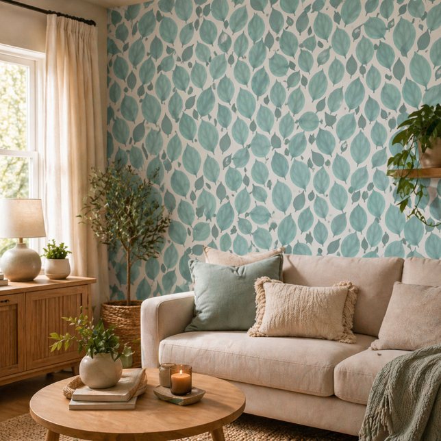 Turquoise White Basil Leaves Leaf Pattern Wallpaper (Creator Uploaded)