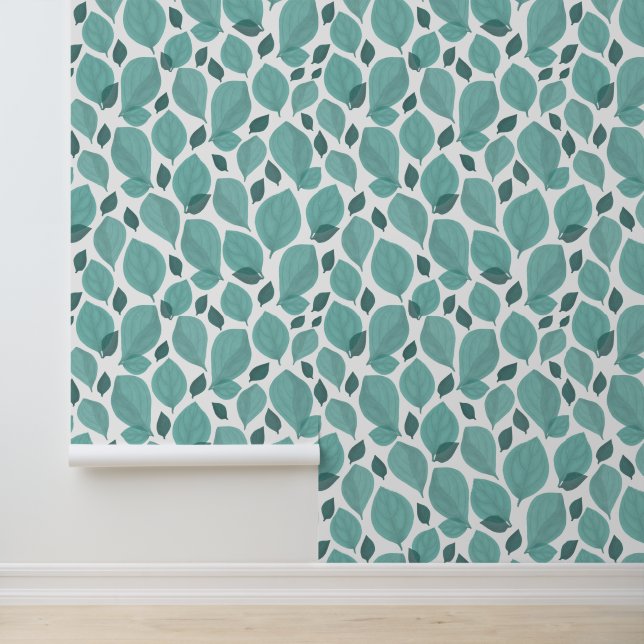 Turquoise White Basil Leaves Leaf Pattern Wallpaper (Application)