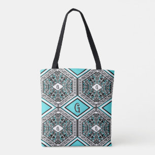 Turquoise, White & Black Tribal Tapestry Tote
