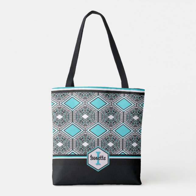 Turquoise, White & Black Tribal Tapestry Tote Bag (Back)