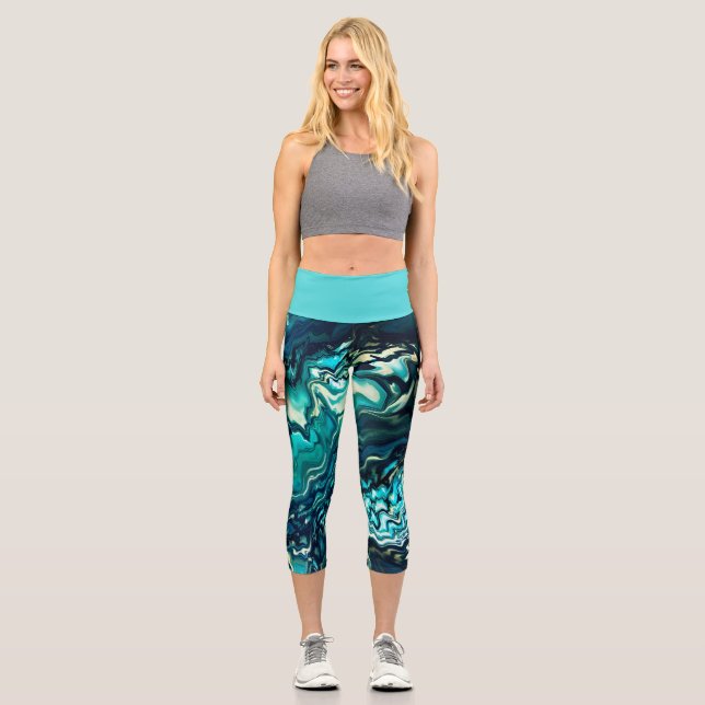 Turquoise White Blue Swirls Paint Pour Design Capri Leggings (Front)