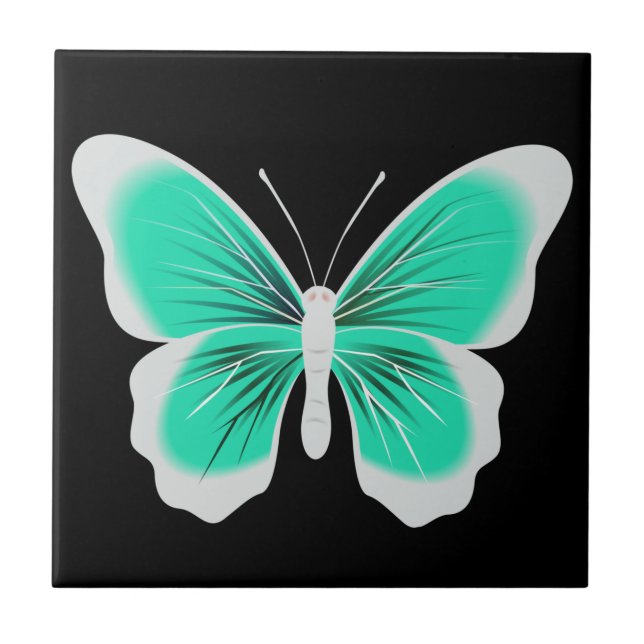 Turquoise white butterfly black background ceramic tile (Front)