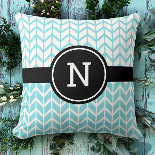 Turquoise White Chevron Pattern Monogram Modern Cushion