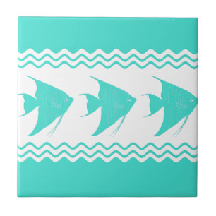 Turquoise White Coastal Angelfish Stripes Ceramic Tile