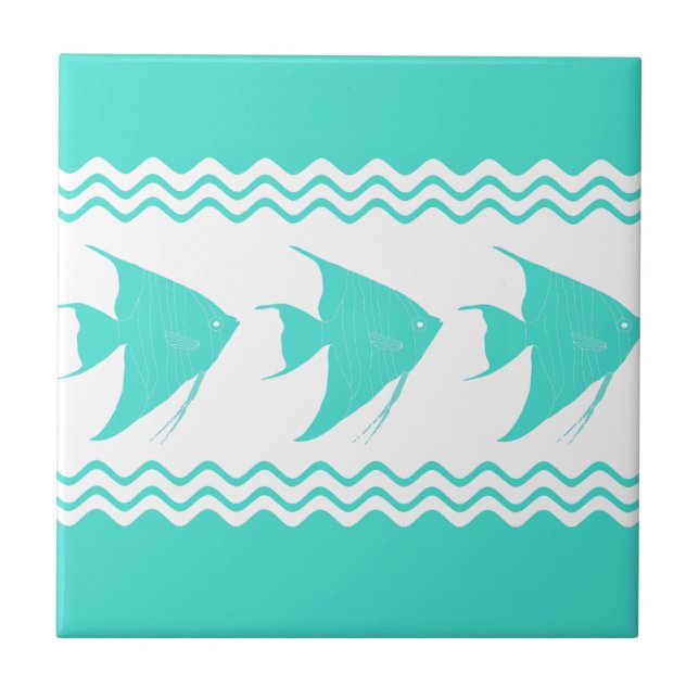 Turquoise White Coastal Angelfish Stripes Ceramic Tile (Front)