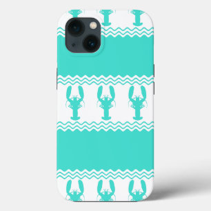 Turquoise White Coastal Lobster Stripes iPhone 13 Case