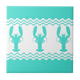 Turquoise White Coastal Lobster Stripes Ceramic Tile