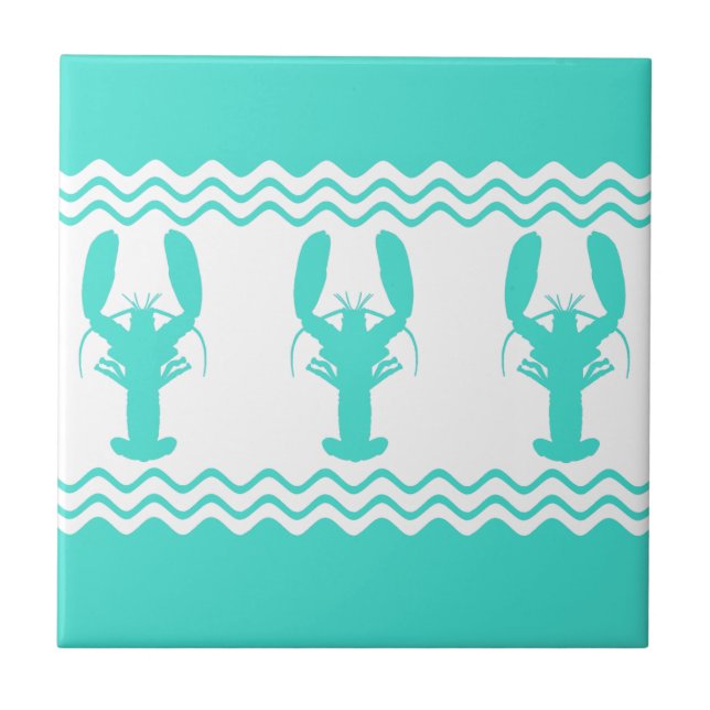 Turquoise White Coastal Lobster Stripes Ceramic Tile (Front)