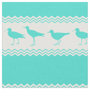 Turquoise White Coastal Sandpiper Bird Stripes Fabric