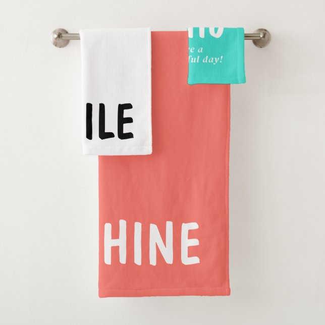 Turquoise White Coral Sunshine Smile Typography Bath Towel Set (Insitu)