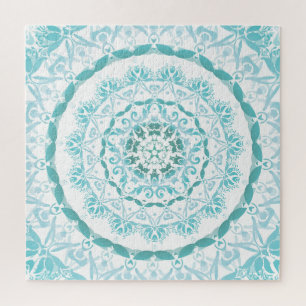 Turquoise White Damask Mandala Jigsaw Puzzle