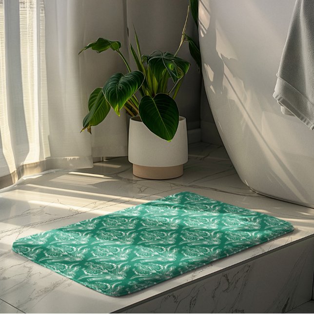 Turquoise & White Floral Art Deco Pattern Bath Mat (Creator Uploaded)